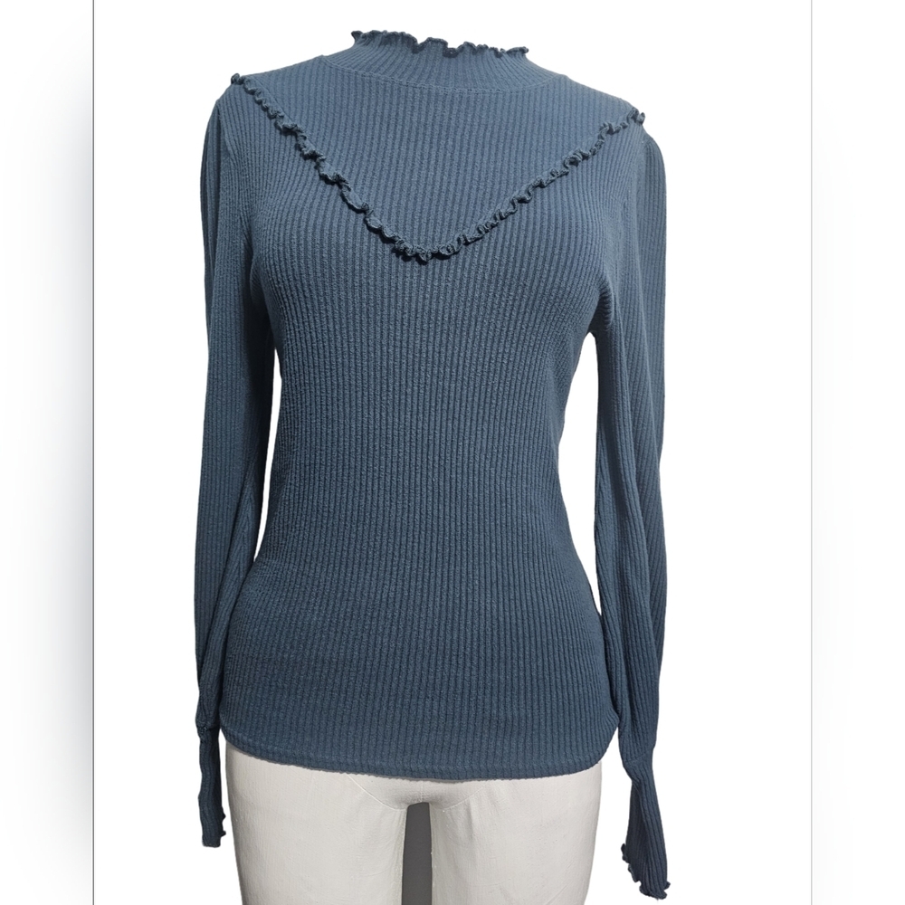 Free People Love Struck Mockneck Ribbed Long Puff Sleeve Teal Top Sz M